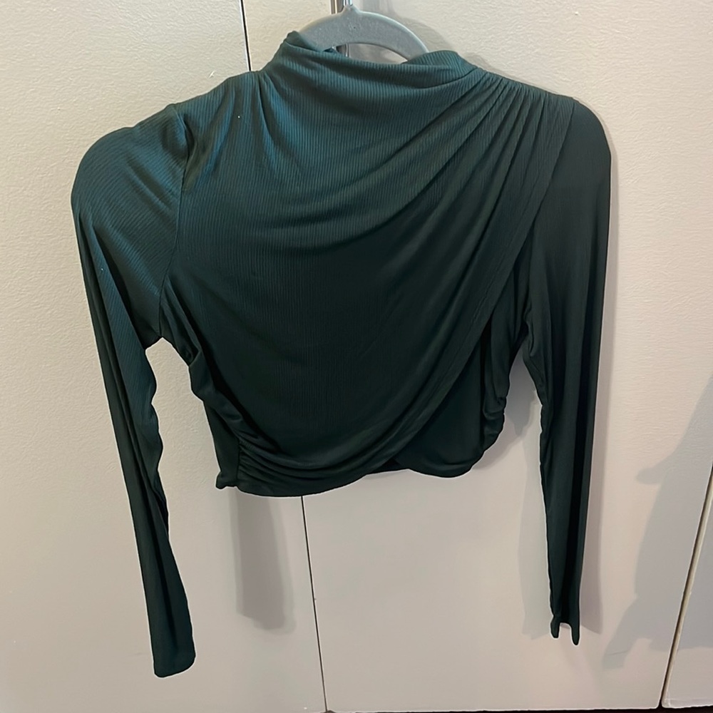 12th Tribe Dark Green Long Sleeve Draped Crop Top